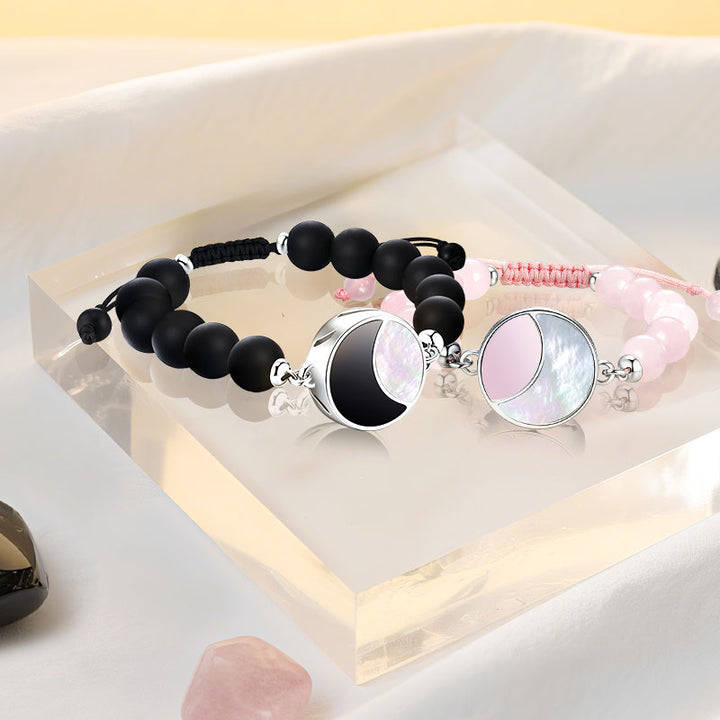 Lunar Glow Touch Armbänder mit Rosenquarz und schwarzen Onyx -Perlen