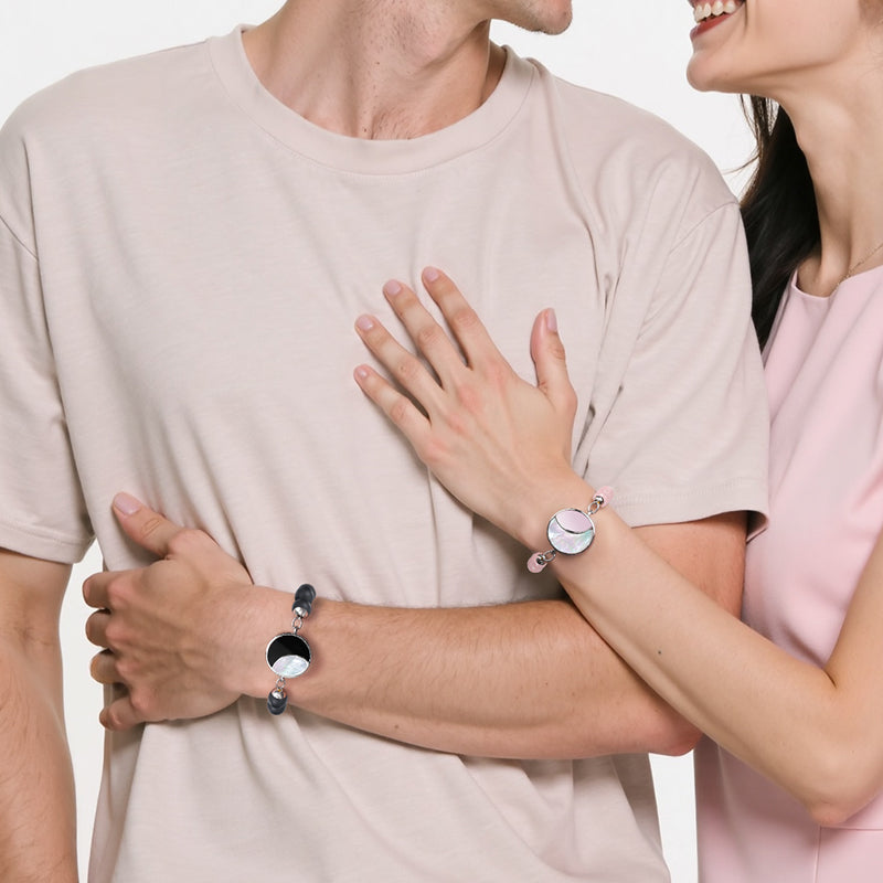 Lunar Glow Touch Armbänder mit Rosenquarz und schwarzen Onyx -Perlen