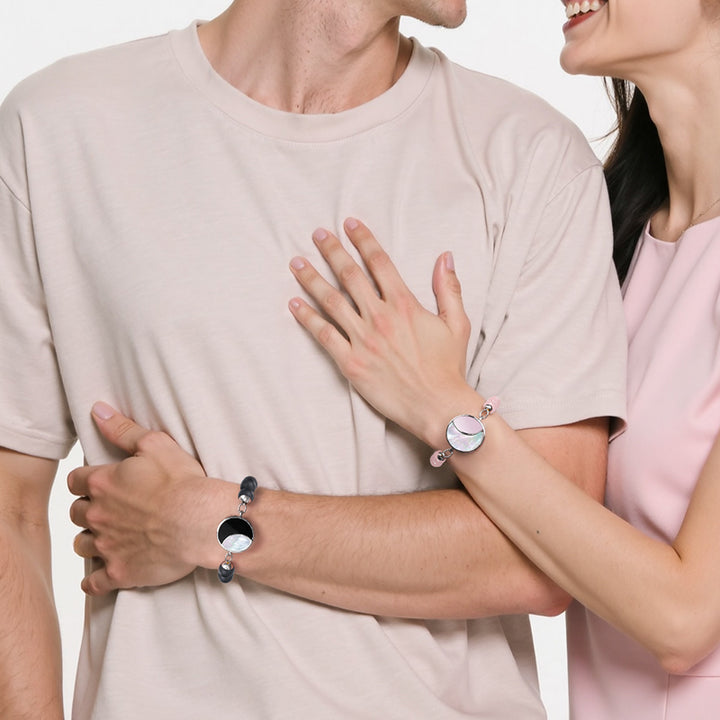 Lunar Glow Touch Armbänder mit Rosenquarz und schwarzen Onyx -Perlen