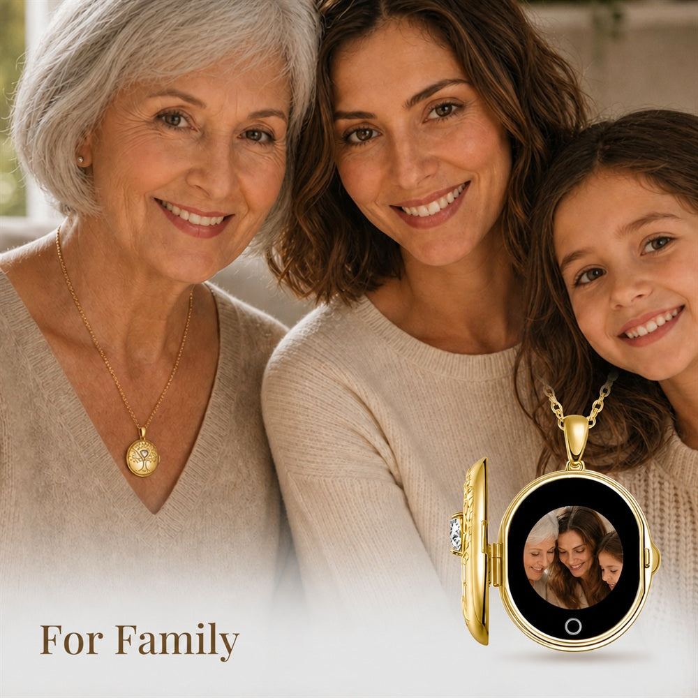 Three smiling women posing together with totwoo gold locket necklaces, alongside a close-up of a gold locket-style photo pendant necklace showing a family portrait. Text at the bottom reads 'For Family'.