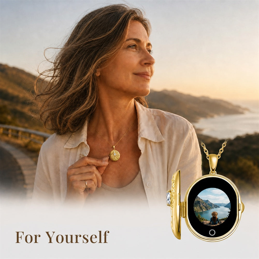 A woman outdoors at sunset wearing a totwoo gold pendant  necklace, with a large inset showing the pendant open as a locket containing a landscape photo. Text at the bottom reads 'For Yourself.