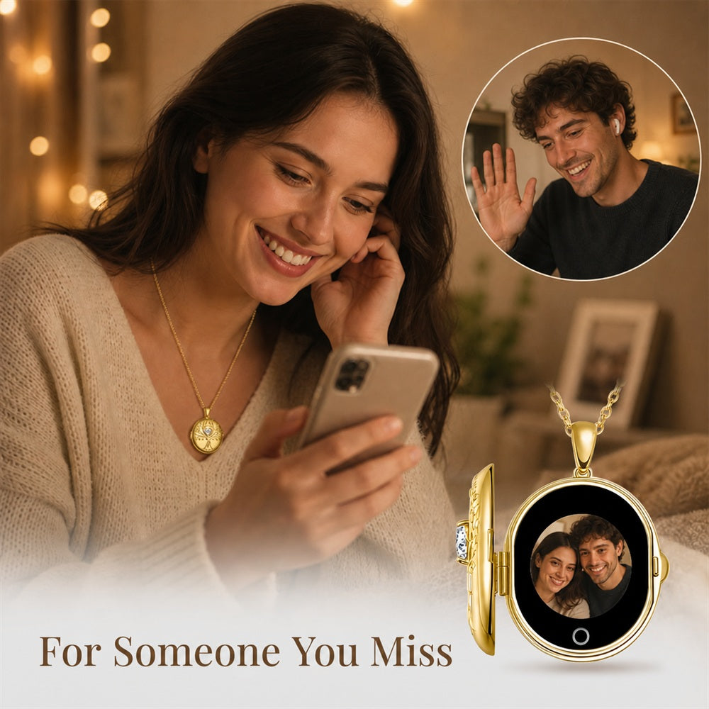 A gold keepsake-style photo pendant necklace is shown open on a white background, with a phone screen displaying a couple's photo inside the pendant. The scene includes a woman looking at her phone and a circular inset of a man waving, with the text 'For Someone You Miss' below.