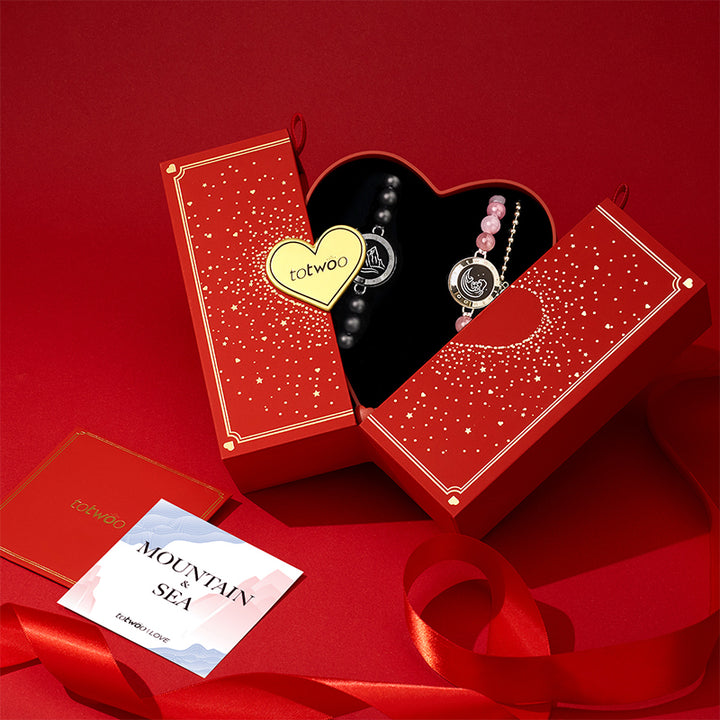 [Connected in Red Gift Packaging] Mountain & Sea Touch Bracelets with Black Agate & Pink Persian Jade
