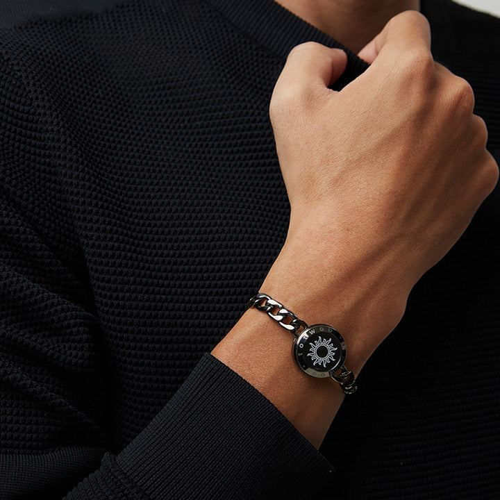 Pulseras de toque de sol y luna con cadena Figaro (negro+oro)