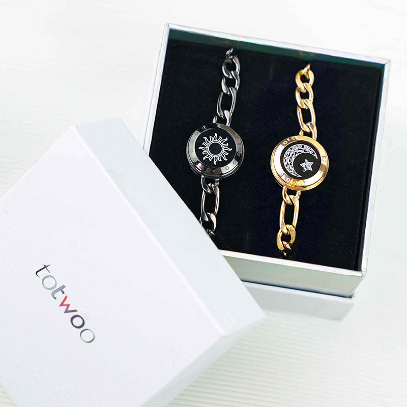 Pulseras de toque de sol y luna con cadena Figaro (negro+oro)