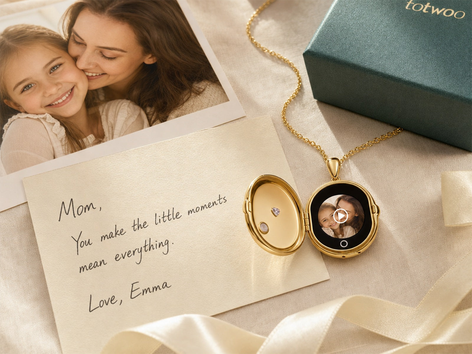 A gold locket necklace with a photo insert is displayed on a cream fabric surface next to a handwritten note, a photo print of a woman and child, and a teal gift box. The locket is open, showing a custom photo of the same woman and child inside.