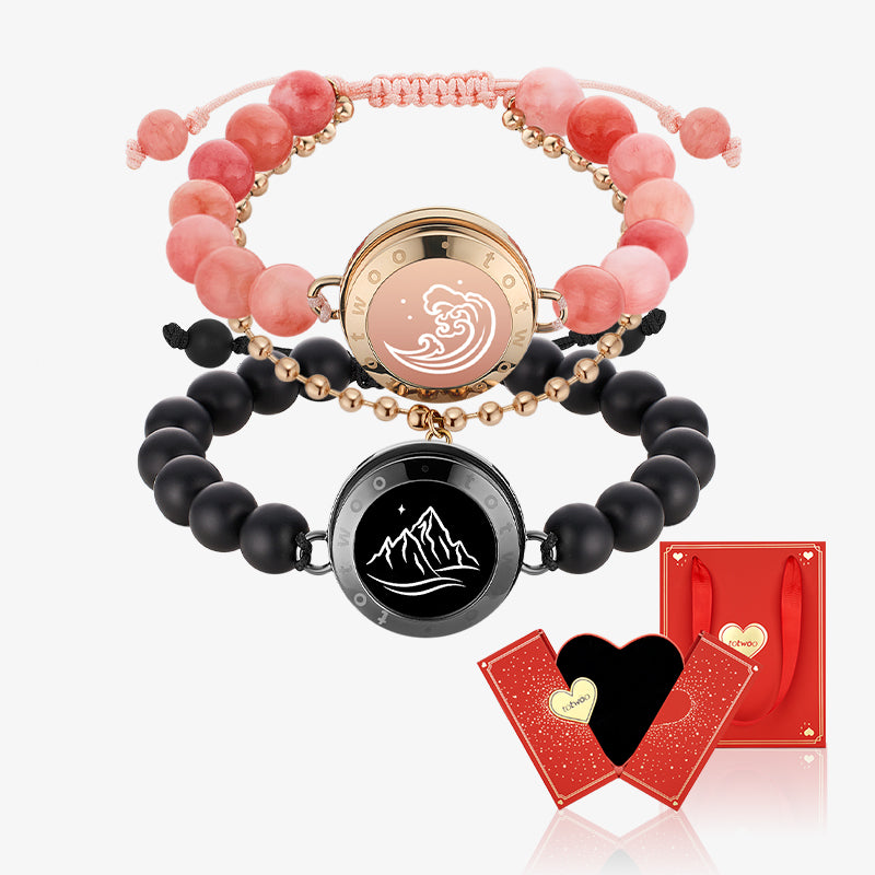 [Connected in Red Gift Packaging] Mountain & Sea Touch Bracelets with Black Agate & Pink Persian Jade