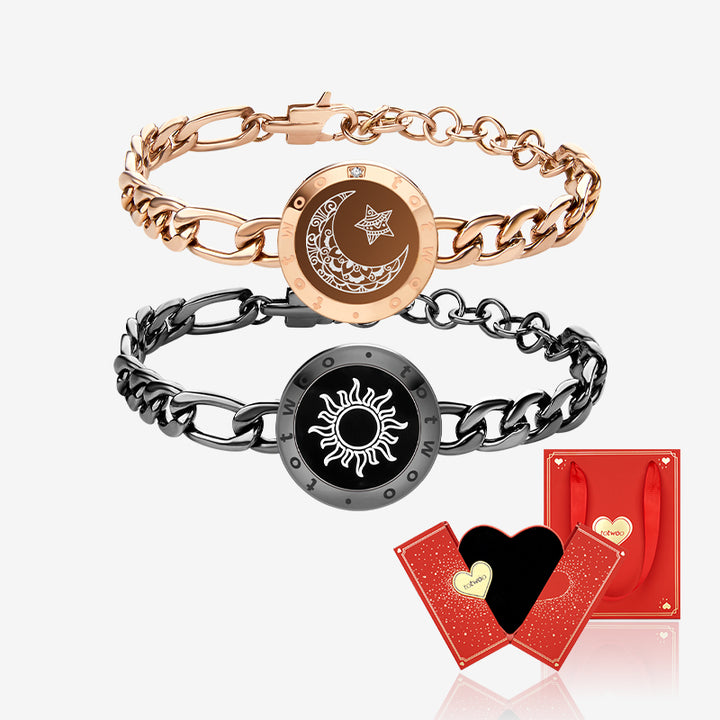 [Conectado en envasado de regalo rojo] Braceletas Touch Sun & Moon con cadena Figaro (negro+oro rosa)