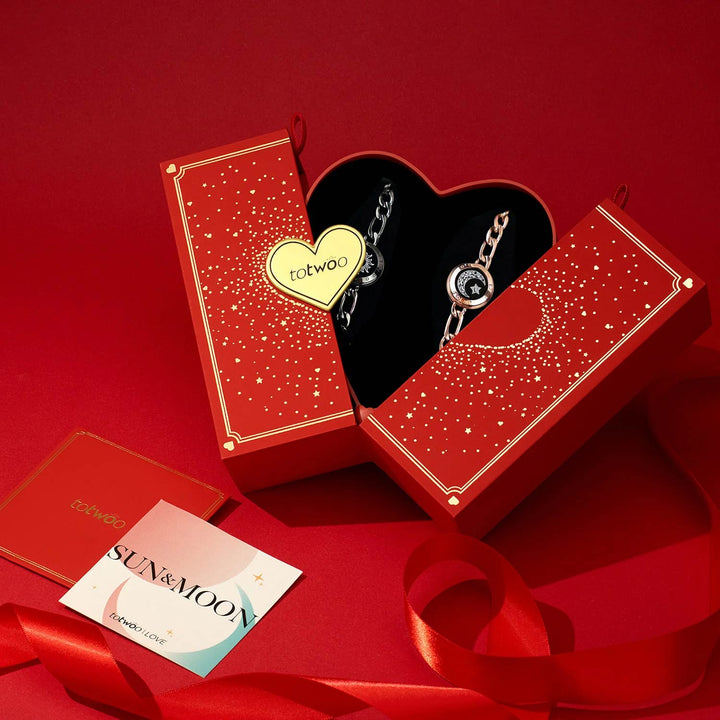 [Conectado en envasado de regalo rojo] Braceletas Touch Sun & Moon con cadena Figaro (negro+oro rosa)