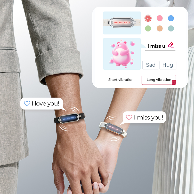 Two smart wristbands worn on clasped hands, with a digital control interface overlay showing vibration settings and message options like 'I love you!' and 'I miss you!'.