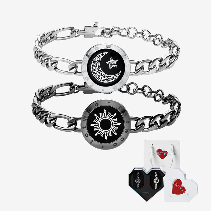[White Heart Gift Packaging] Sun&Moon Touch Bracelets with Figaro Chain (Black+Silver)