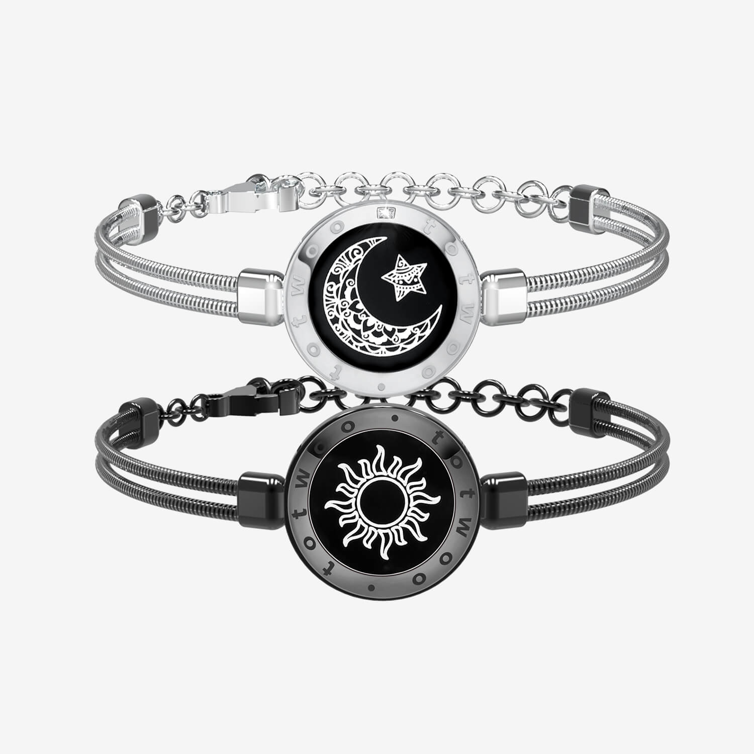 Sun & Moon Touch Bracelets with Snake Chain (Black+Silver)