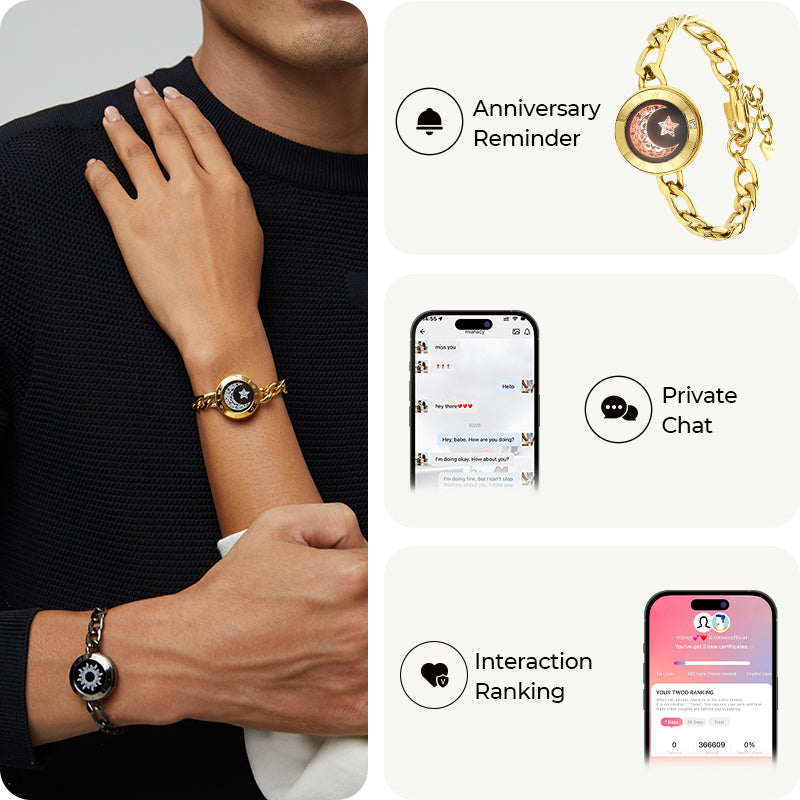 Pulseras de toque de sol y luna con cadena Figaro (negro+oro)