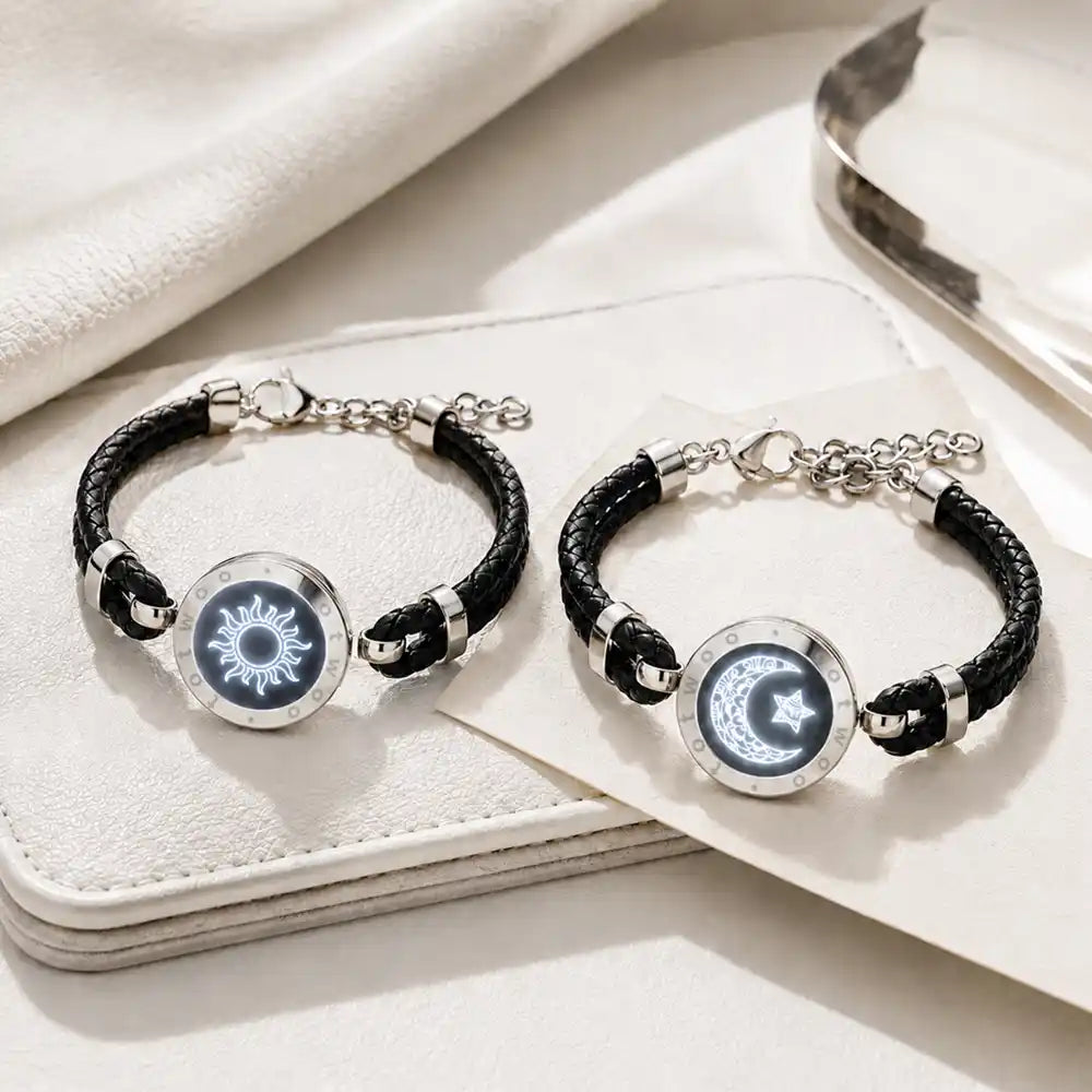 Pulseras Sun & Moon Touch con cuerda de cuero trenzado (Negro+Negro)