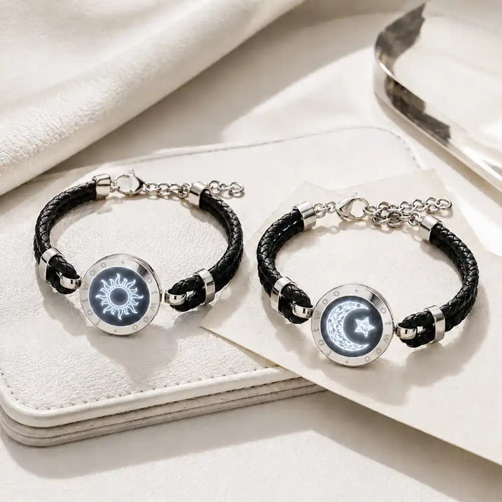 Pulseras Sun & Moon Touch con cuerda de cuero trenzado (Negro+Negro)