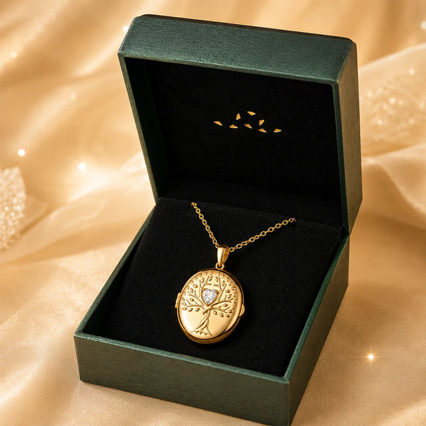 Gold locket necklace presented in elegant gift-ready packaging