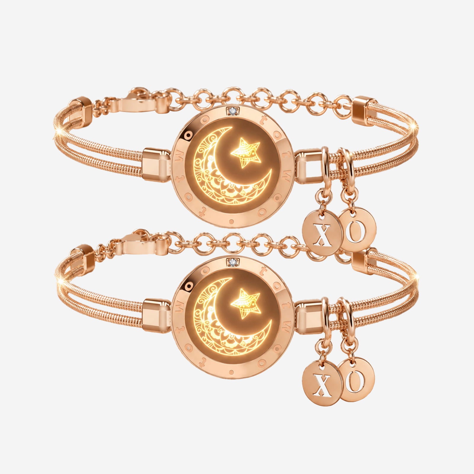 Moon & Moon Touch Bracelets with Snake Chain (Rose Gold+Rose Gold)