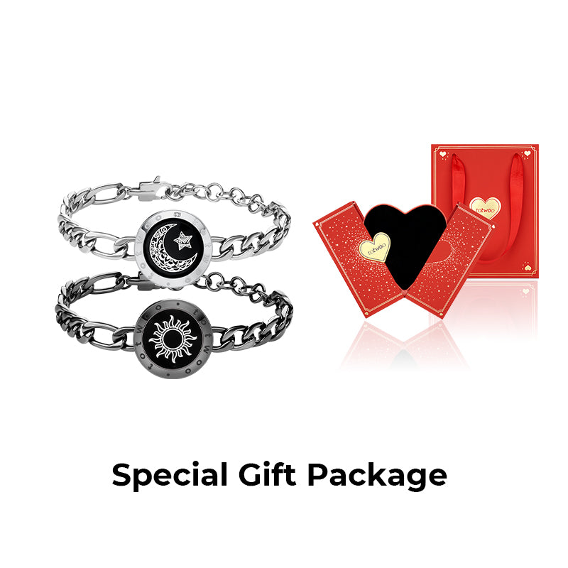 [Connected in Red Gift Packaging] Sun&Moon Touch Bracelets with Figaro Chain (Black+Silver)