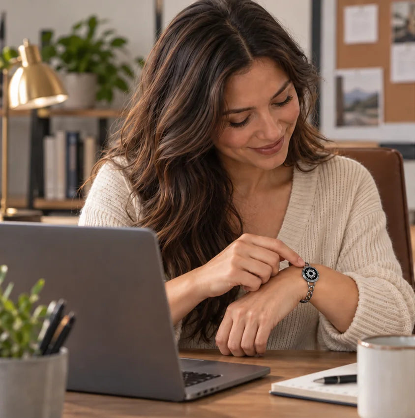The daughter pauses at her desk and touches the black Sun Figaro bracelet on her wrist