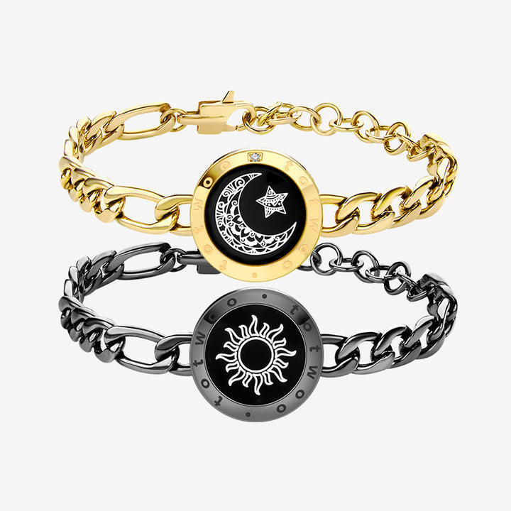 Pulseras de toque de sol y luna con cadena Figaro (negro+oro)