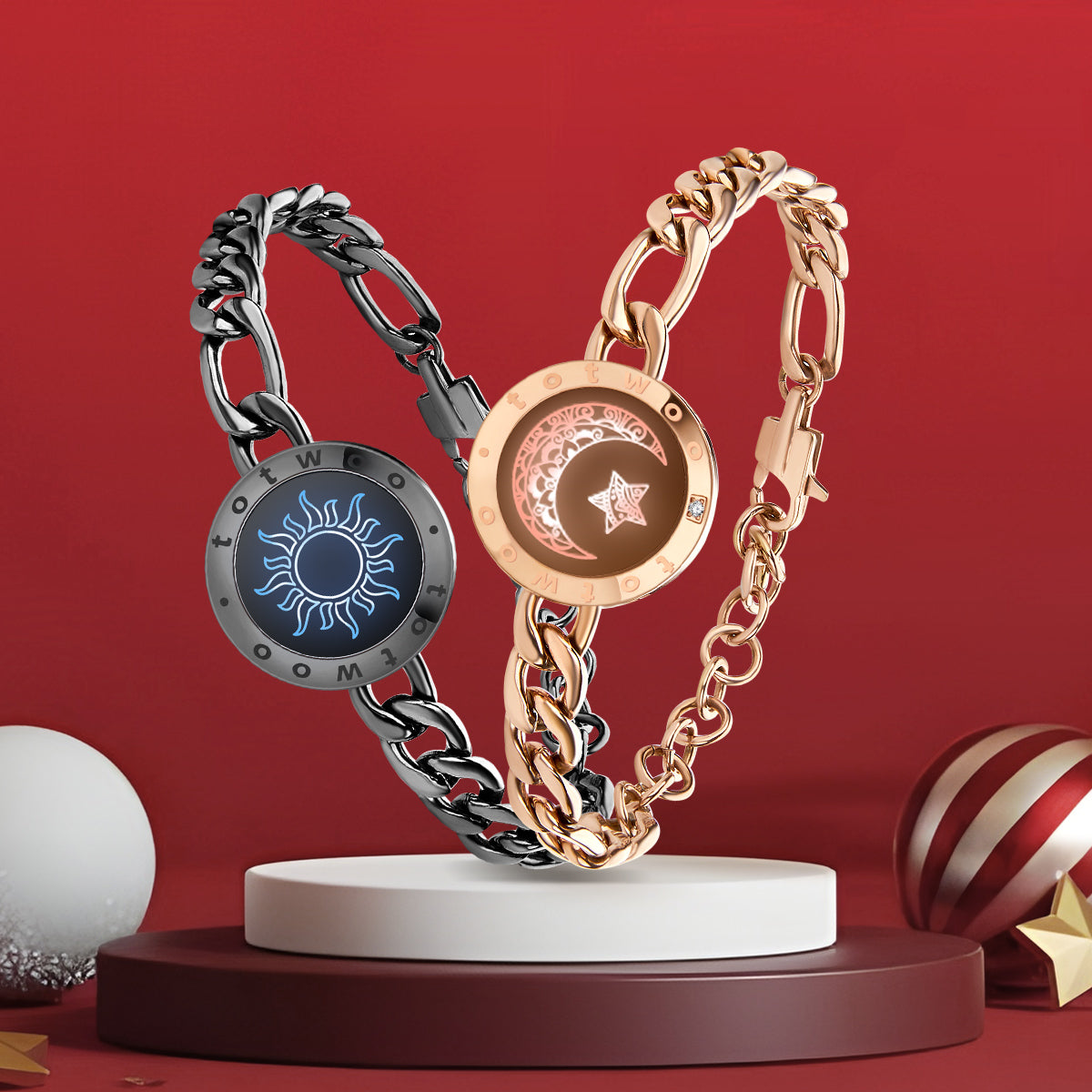 [Connected in Red Gift Packaging] Sun&Moon Touch Bracelets with Figaro Chain (Black+Rose Gold)