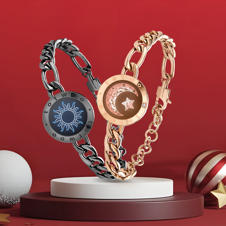 [Conectado en envasado de regalo rojo] Braceletas Touch Sun & Moon con cadena Figaro (negro+oro rosa)