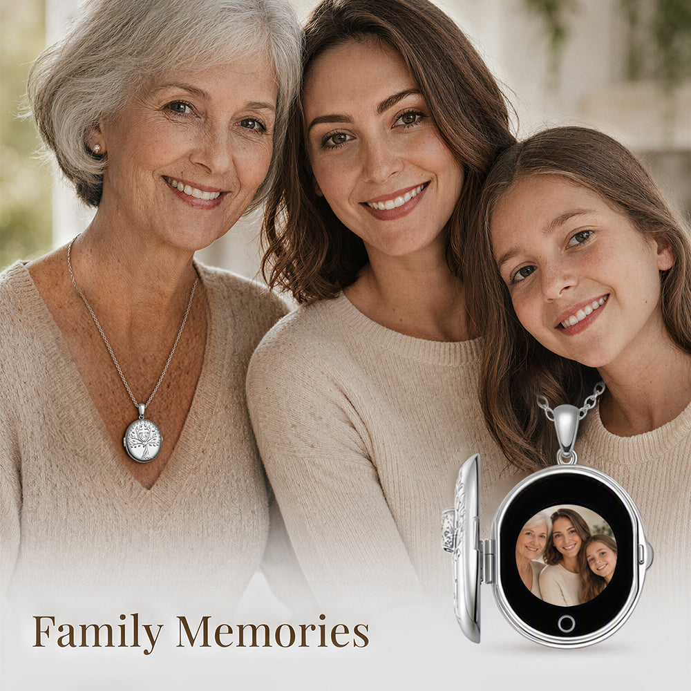 Three women wearing a TOTWOO digital locket necklace, opened to display a family photo.