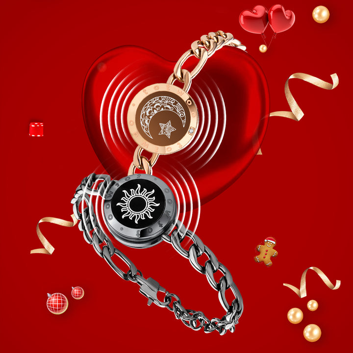 [Conectado en envasado de regalo rojo] Braceletas Touch Sun & Moon con cadena Figaro (negro+oro rosa)
