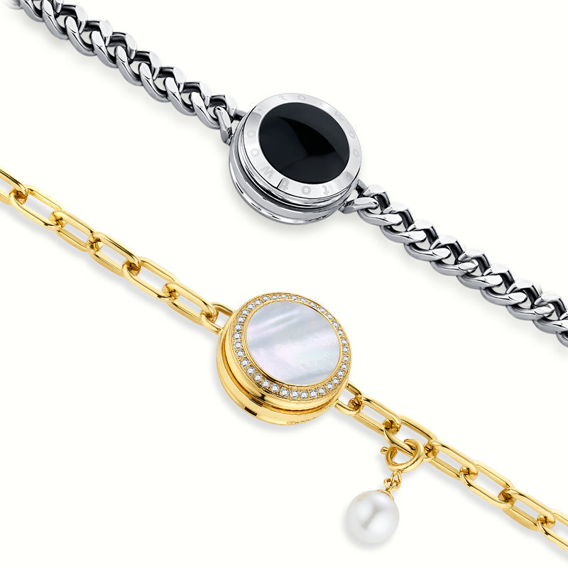 Juego de pulseras de alma gemela 2.0 táctil (cadena cubana de plata+cadena de figaro de oro）