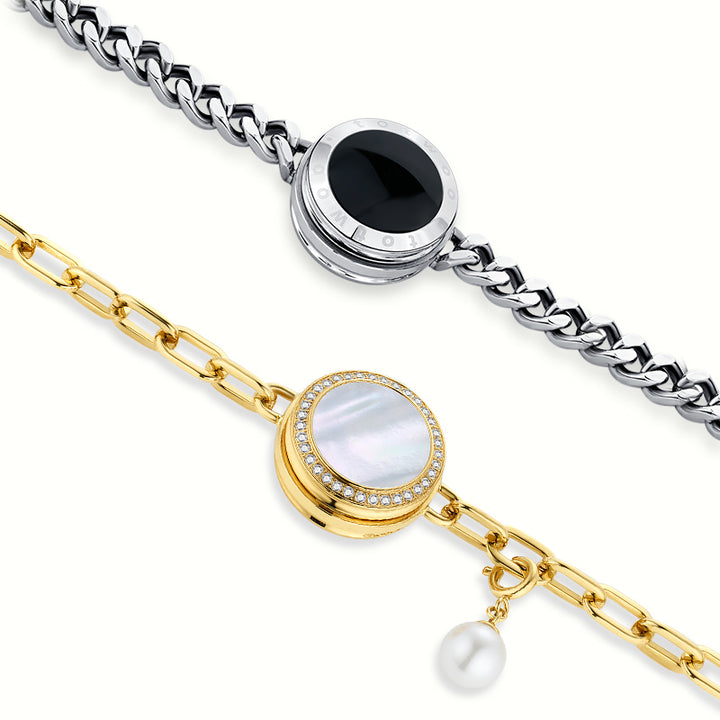 Juego de pulseras de alma gemela 2.0 táctil (cadena cubana de plata+cadena de figaro de oro）