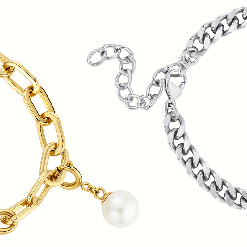 Juego de pulseras de alma gemela 2.0 táctil (cadena cubana de plata+cadena de figaro de oro）