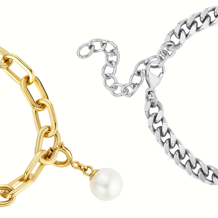 Juego de pulseras de alma gemela 2.0 táctil (cadena cubana de plata+cadena de figaro de oro）