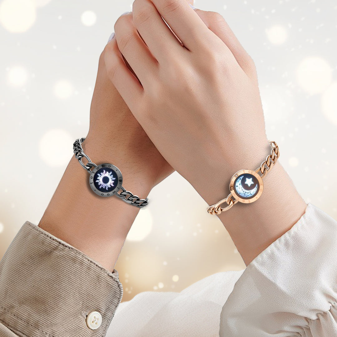 [Conectado en envasado de regalo rojo] Braceletas Touch Sun & Moon con cadena Figaro (negro+oro rosa)