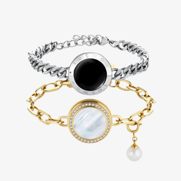 Juego de pulseras de alma gemela 2.0 táctil (cadena cubana de plata+cadena de figaro de oro）