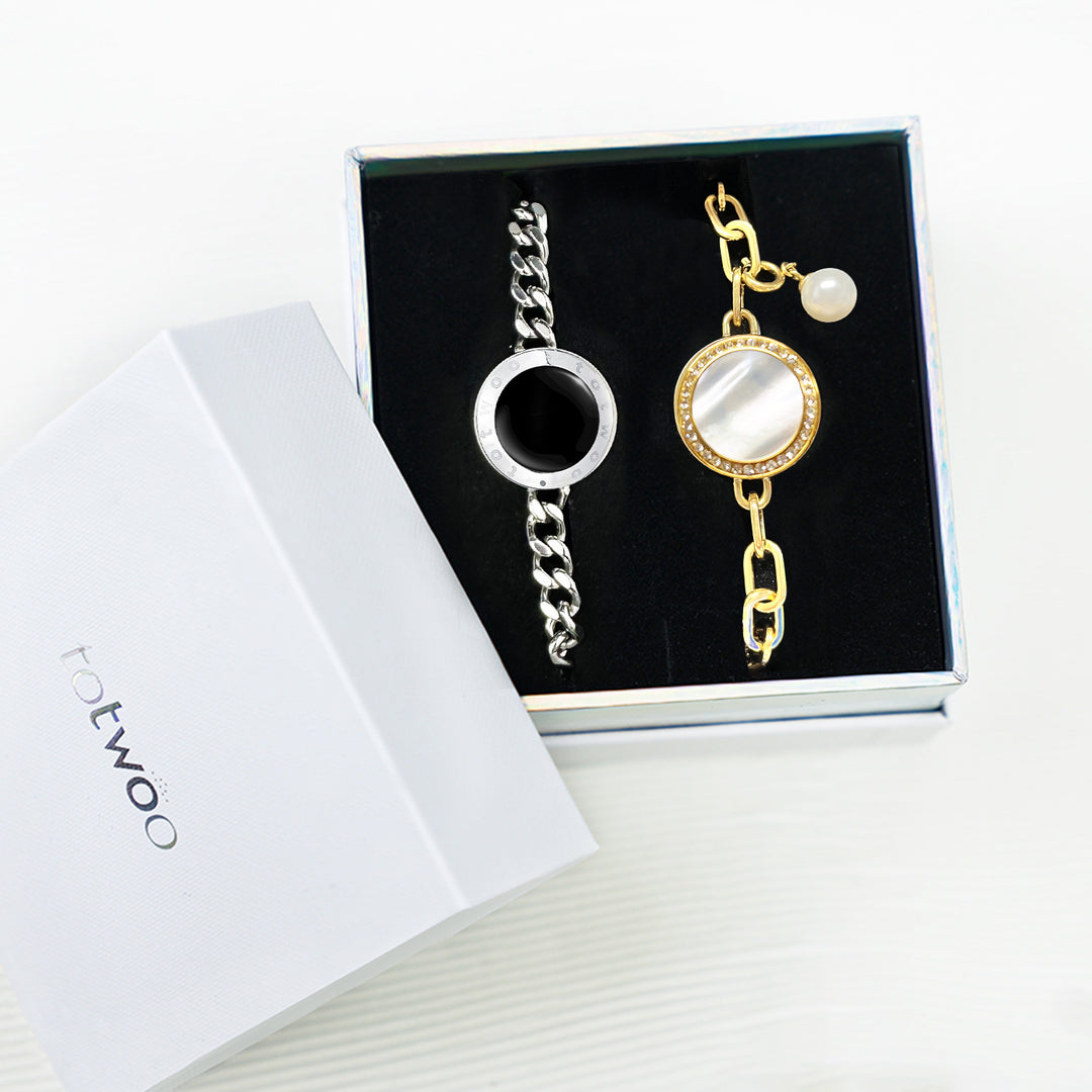 Juego de pulseras de alma gemela 2.0 táctil (cadena cubana de plata+cadena de figaro de oro）