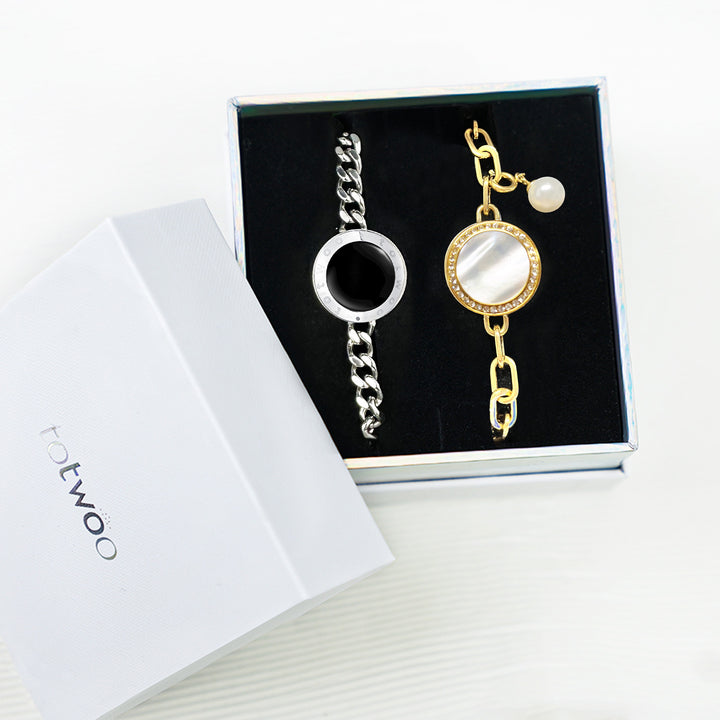Juego de pulseras de alma gemela 2.0 táctil (cadena cubana de plata+cadena de figaro de oro）