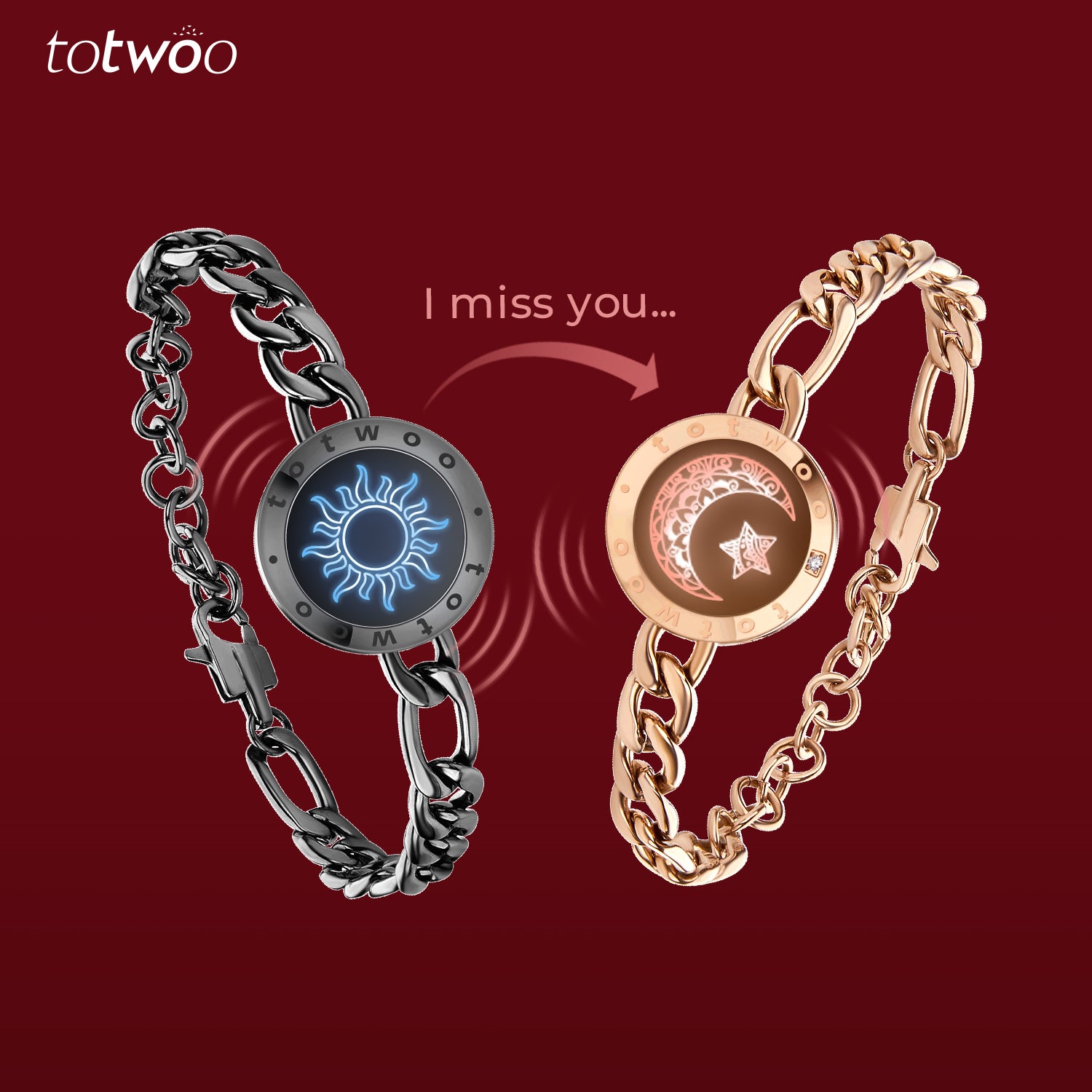 [Connected in Red Gift Packaging] Sun&Moon Touch Bracelets with Figaro Chain (Black+Rose Gold)