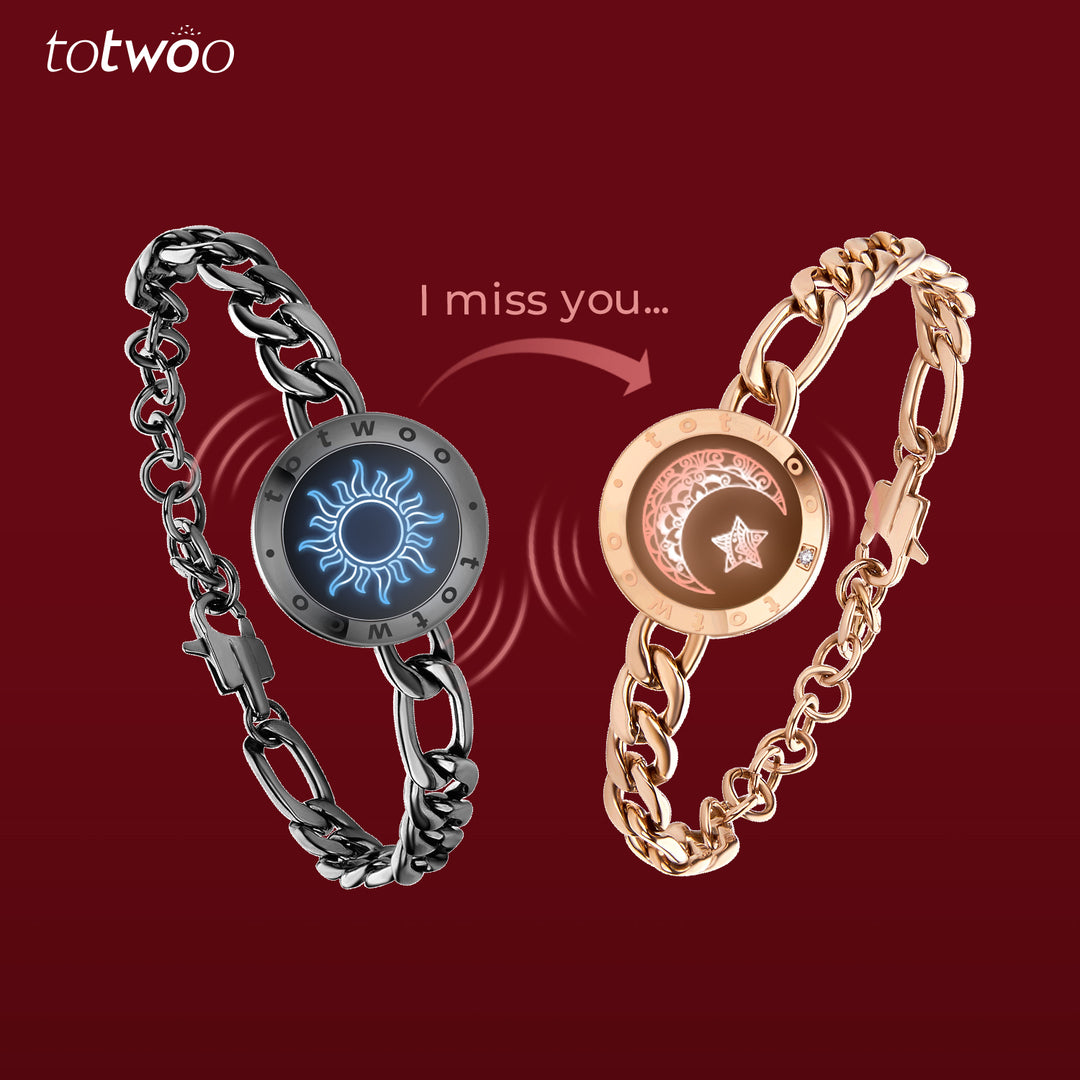 [Conectado en envasado de regalo rojo] Braceletas Touch Sun & Moon con cadena Figaro (negro+oro rosa)