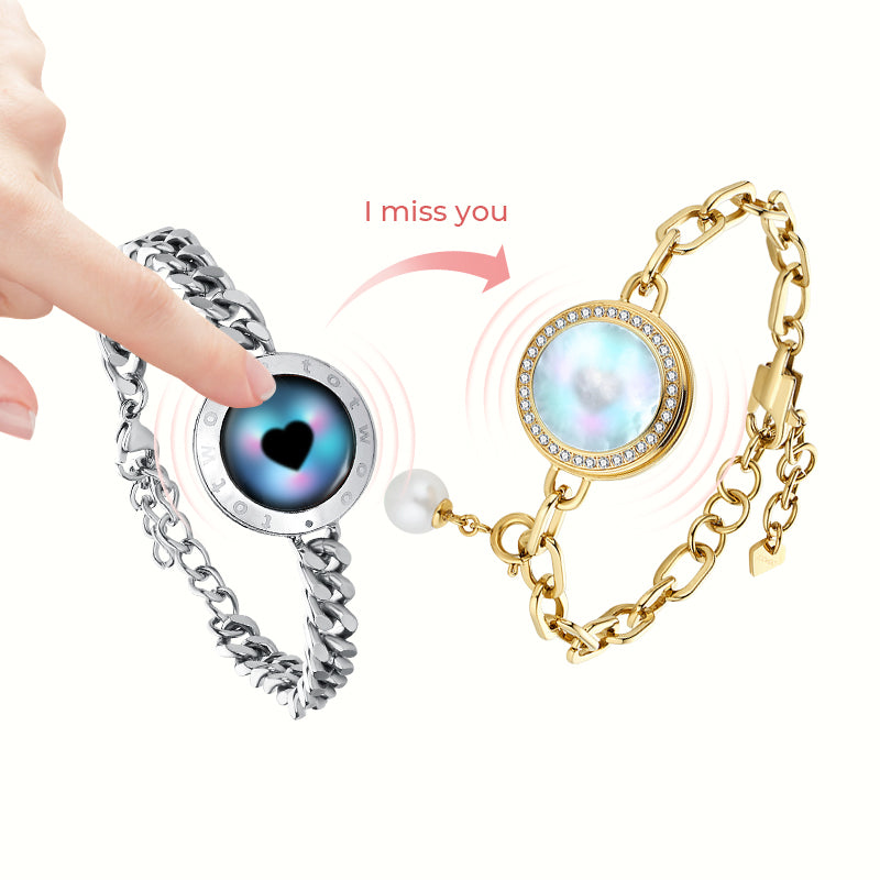 Juego de pulseras de alma gemela 2.0 táctil (cadena cubana de plata+cadena de figaro de oro）