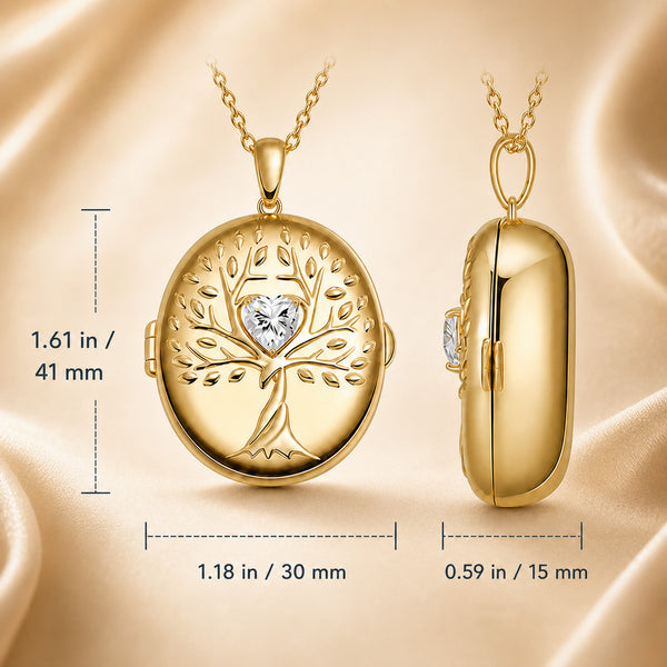 Tree of Life gold locket with white sapphire and amethyst gemstones