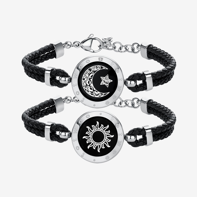 Sonne&Moon Touch-Armbänder mit geflochtenem Lederseil (Schwarz+Schwarz)